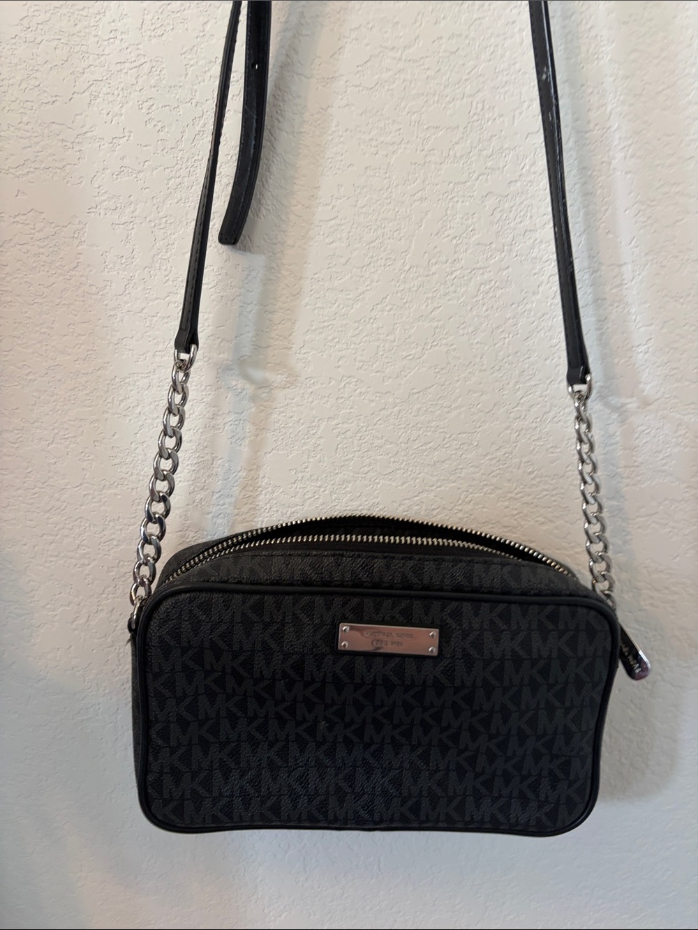 Michael Kors Black MK Monogram Crossbody with Silver Chain